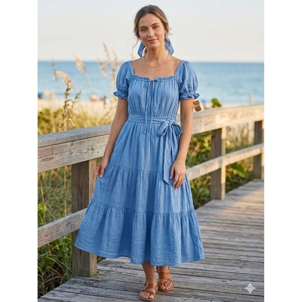 NWT Just Found Blue Textured Cotton Tiered Midi Dress Puff Sleeve Medium